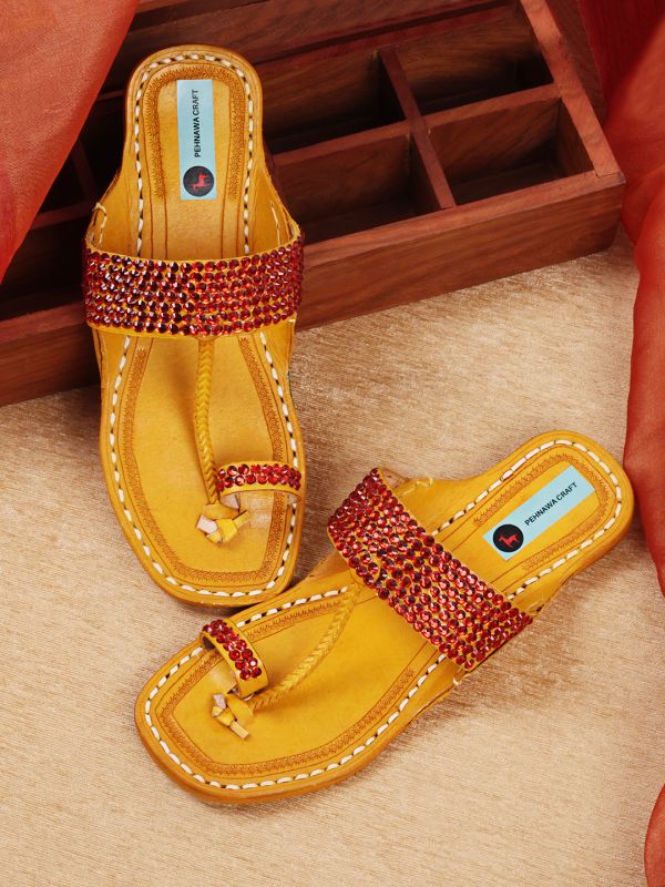 Women Ruby Red Stone Kolhapuri Sandal
