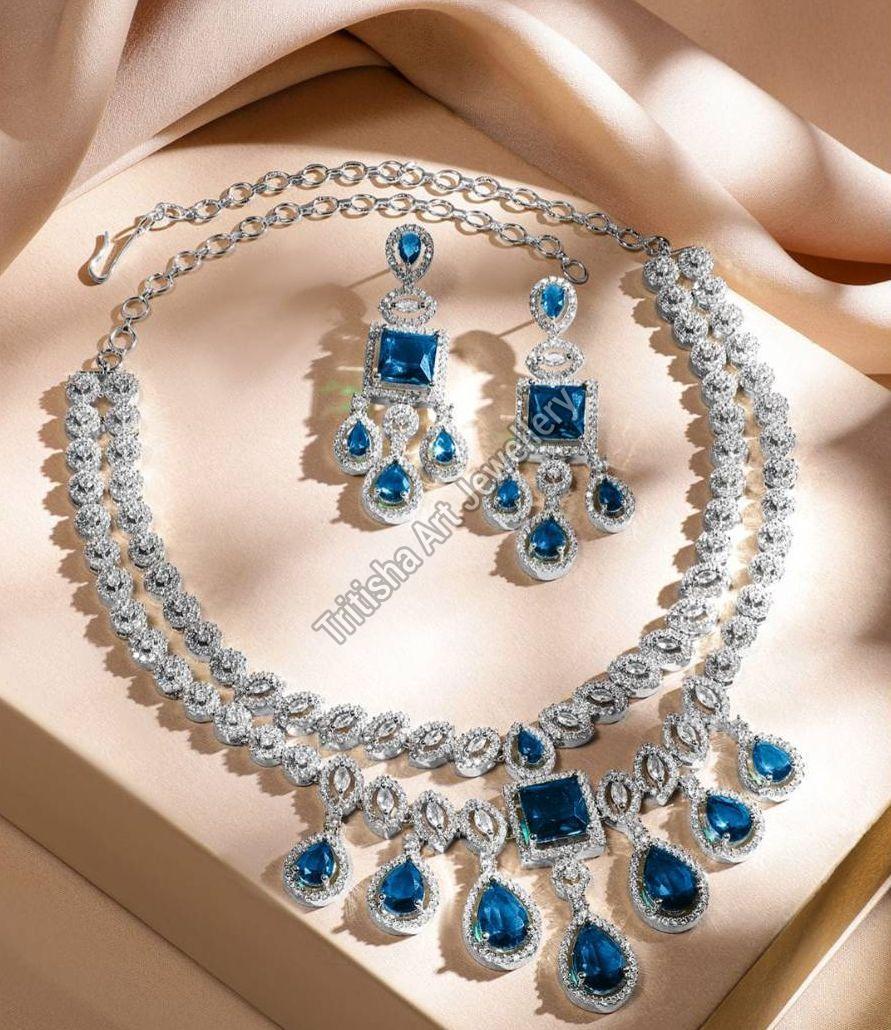 Silver Blue Sapphire Necklace Set