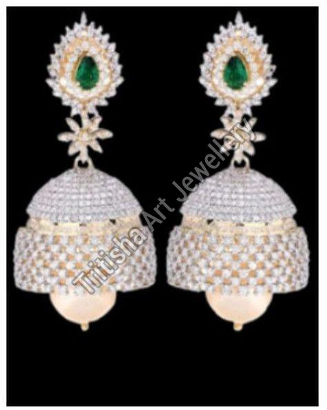 Silver Emerald Studded Jhumka Earrings