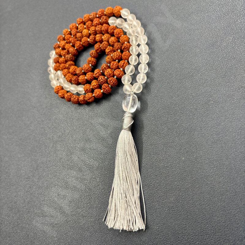 Handmade, Natural 8mm Om Imprint & Mix Faces Rudraksha Beads Necklace 108 Hand-Knotted Mala