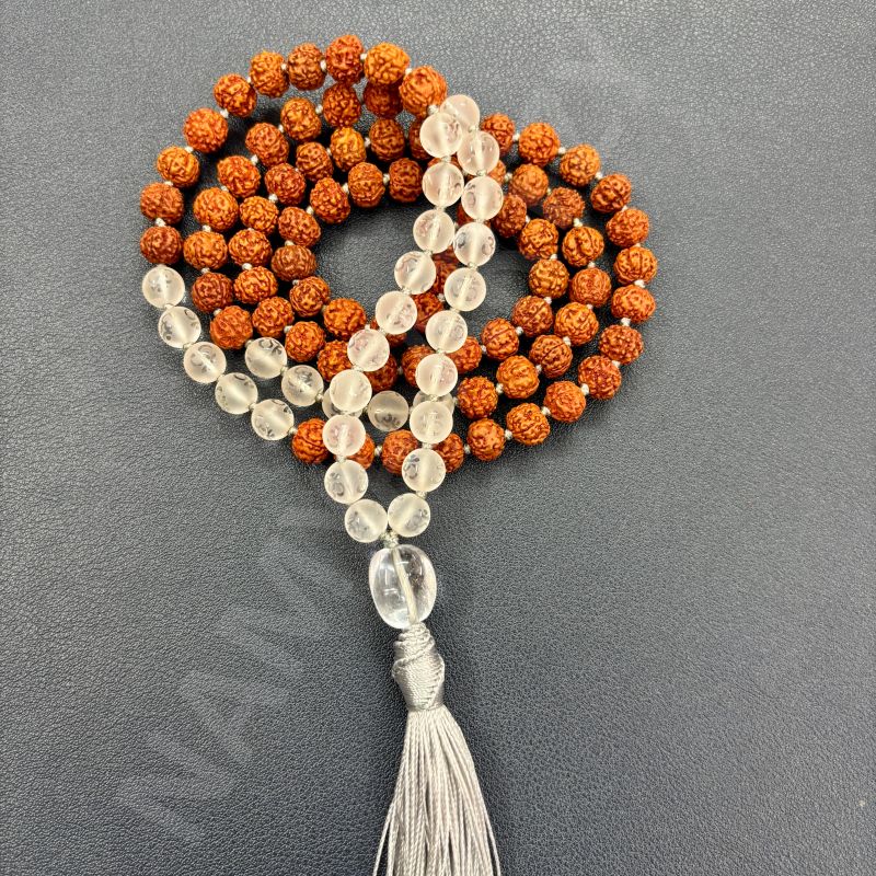 Handmade, Natural 8mm Om Imprint & Mix Faces Rudraksha Beads Necklace 108 Hand-Knotted Mala