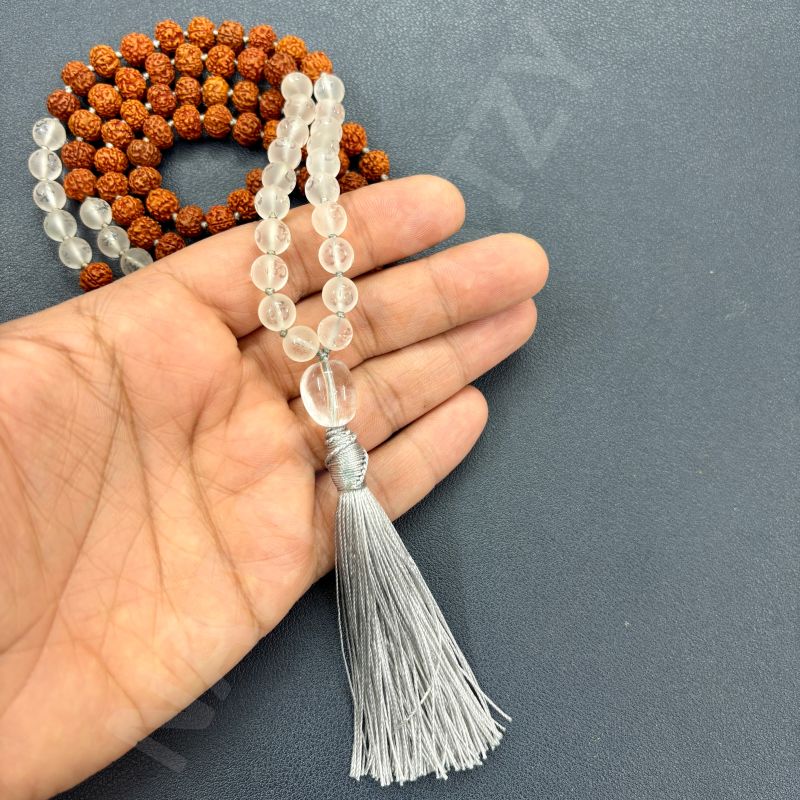 Handmade, Natural 8mm Om Imprint & Mix Faces Rudraksha Beads Necklace 108 Hand-Knotted Mala