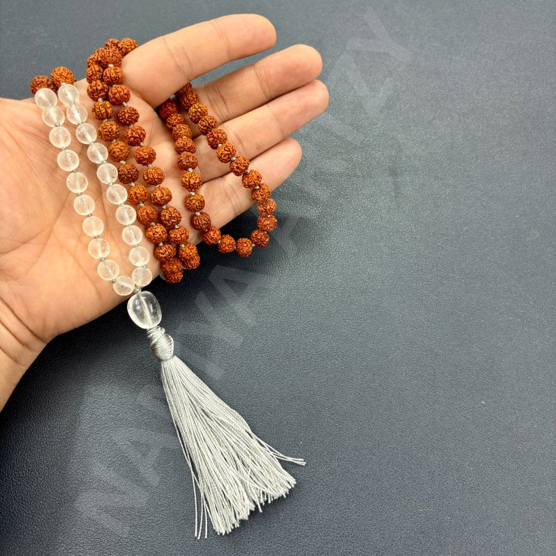 Handmade, Natural 8mm Om Imprint & Mix Faces Rudraksha Beads Necklace 108 Hand-Knotted Mala