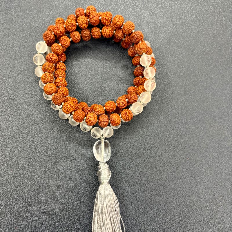 Handmade, Natural 8mm Om Imprint & Mix Faces Rudraksha Beads Necklace 108 Hand-Knotted Mala