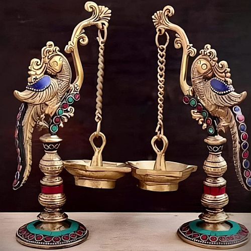 Stone Finish Brass Peacock Diya Stand