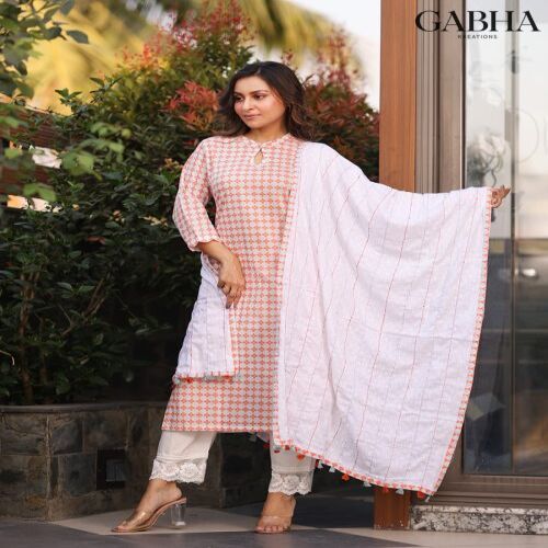 Cotton Embroidery Printed Kurta Set with Dupatta