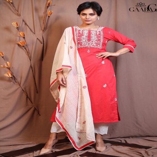 Madra Cotton Embroidered Kurta Set with Dupatta