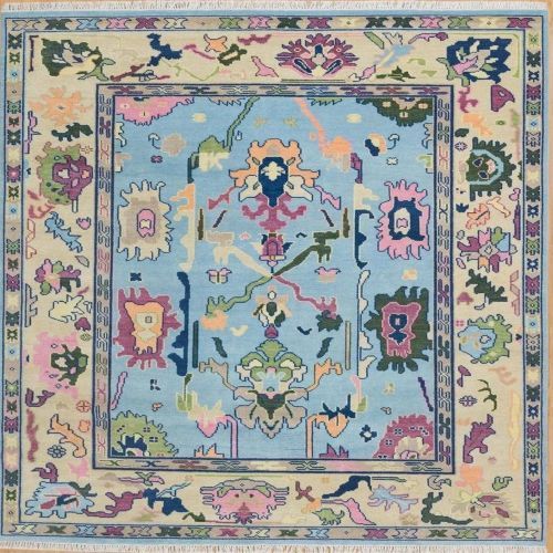 Abstract Pastel Floral Blue Hand Knotted Rug