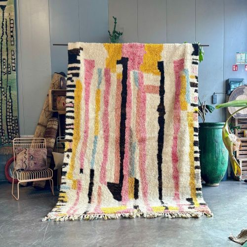 Abstract Vertical Stripe Multi Color Hand Knotted Moroccan Rug
