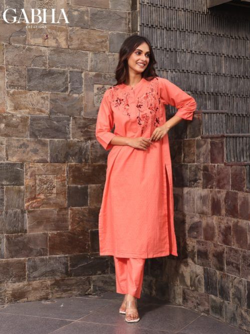 Orange Cotton Kurti Pant Set