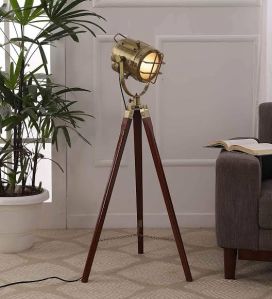 Wooden Brass Tripod Lamp Stand With Spotlight