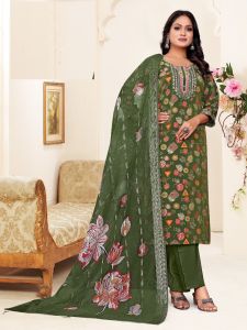 Silk Blend Ladies Green Floral Embroidered Suit