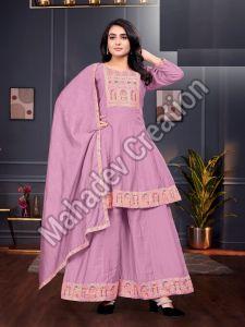 Ladies Lavender Embroidered Kurta Palazzo Set