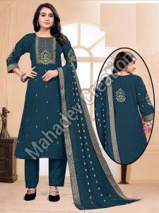 Festive Wear Silk Blend Ladies Teal Embroidered Salwar Suits