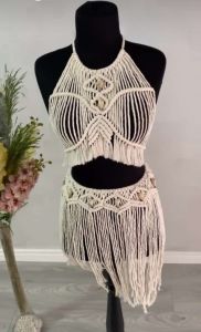 Cotton Boho Macrame Top Shirt Set, Color : Off White