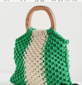 Green Handcrafted Macrame Hand Bag with Wood Handle