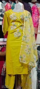 Yellow Roman Silk Kurti Pant Set