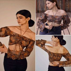 Ladies Brown Printed Off Shoulder Crop Top