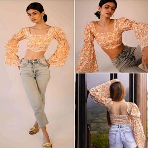 Ladies White And Orange Printed Full Sleeve Crop Top