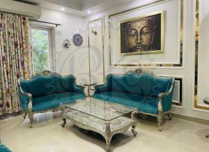 Teal Upholstery Silver Cladding Sofa Set