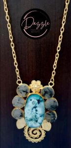 Ladies Blue Marbled Floral Gemstone Pendant Necklace