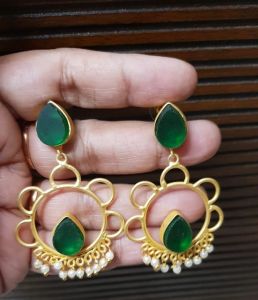 Gold-Plated Alloy Ladies Green Druzy Pearl Fringe Earpiece