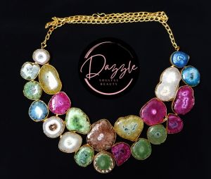 Ladies Multicolor Gemstone Cluster Golden Statement Necklace