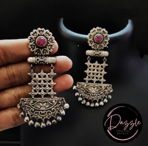 Oxidized Silver Alloy Ladies Pink Floral Dome Drop Earpiece