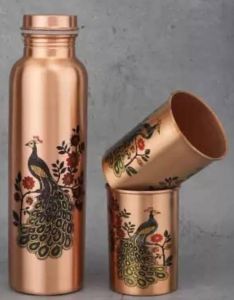 Peacock Printed Pure Copper Water Bottle 2 Glass Set