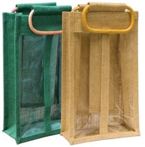 Cane Handle Jute 2 Bottle Bag