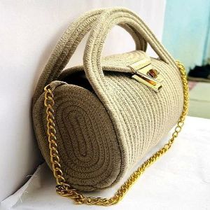 Metal Party Wear Designer Jute Clutch Bag, Color : Brown