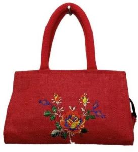 Red Loop Handle Embroidered Jute Handbag