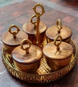 Dry Fruit Serving Metal Bowl with Wooden Lid and Wooden Tray