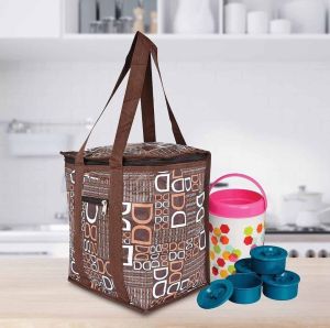 Printed Brown Rexine Lunch Bag, Packaging Type : Box