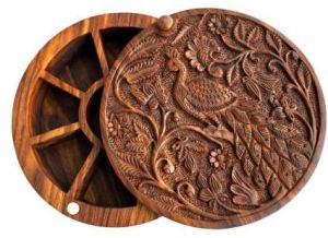 Round Wooden Carved Spice Box, Color : Brown