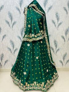 Green Embroidered Chinon Silk Lehenga Choli