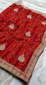 Red Heavy Embroidery Jaipuri Saree, Saree Length : 6.3 Meter
