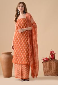 Handblock Printed Suit, Color : Orange, Gender : Female