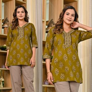 Printed Cotton Kalamkari Short Kurti for Office Wear, Casual Wear