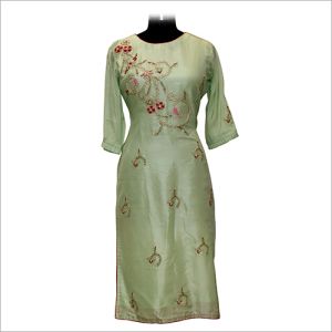 Party Wear Ladies Silk Kurtis, Pattern : Embroidered