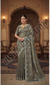 Black Olive Embroidery Silk Saree