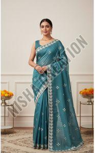 Peacock Blue Embroidery Silk Saree