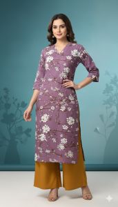 Ladies Purple Printed Rayon Long Kurti, Stitch Type : Stitched