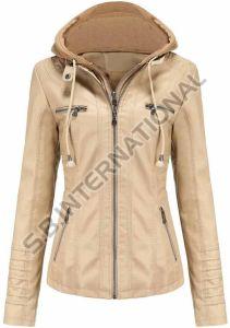 Beige Detachable Hood Leather Coat
