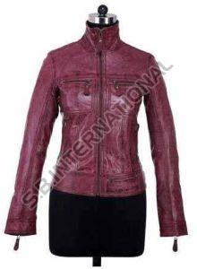 Plain Maroon Belted Women Leather Coat S To XXL
