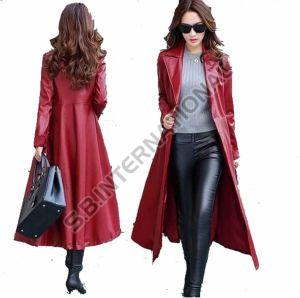 Red Women Long Leather Coat