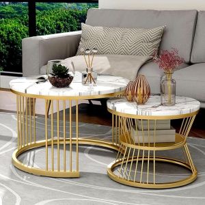 Coffee Tables Set OF 2 for Living Room and Bedroom Marble Design Wooden Top