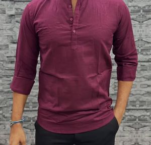 Maroon Cotton Plain Men Short Kurta