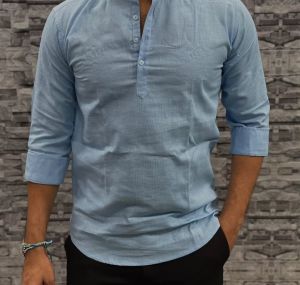 Sky Blue Cotton Plain Men Short Kurta