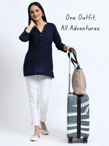 Navy Blue White Linen Cotton Short Kurti Pant Set